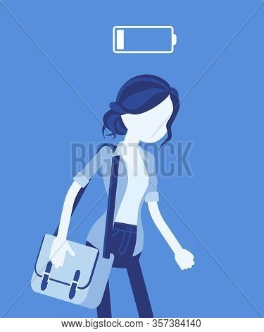 Discharged Woman, Low Power Battery. Empty Weary Girl, Feeling Tired, Fatigued After Working, Extrem