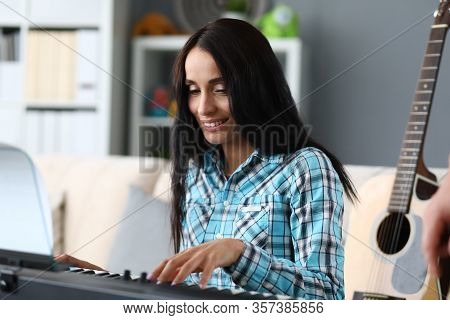 Woman Playing Keyboard, Electronic Instrument. In Music Studio, Girl Create Hit Song. Musician Liste