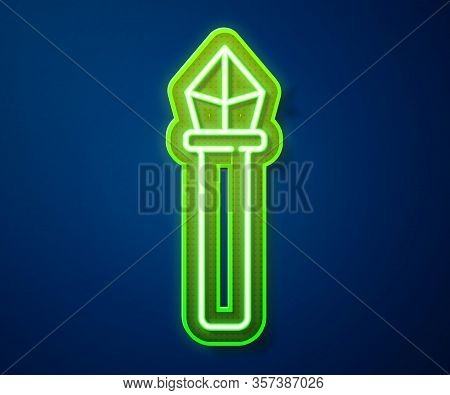 Glowing Neon Line Magic Staff Icon Isolated On Blue Background. Magic Wand, Scepter, Stick, Rod. Vec