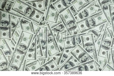 Group Of Money Stack Of 100 Us Dollars Banknotes A Lot Of The Background Texture Top View