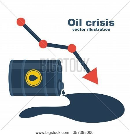 World Oil Crisis. Barrel Of Gasoline And Spilled Oil As A Symbol Of Falling Value. Price Falling Con
