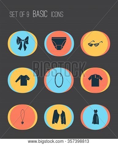 Fashion Design Icons Set With Corsage Dress, Bow Knot, Polo Shirt And Other Underwear Elements. Isol