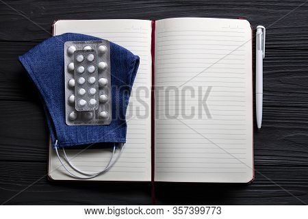 Notebook, Pen And Medicine For Notes And Doctor's Prescription. Text Space.