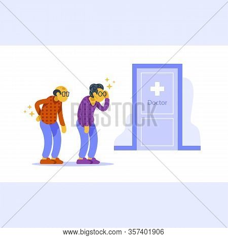 Health Check Up, Annual Medical Procedure, Senior Couple In Queue, Headache And Backache, Old Man An