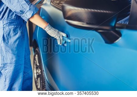 Car Mechanic Opening Side Door To Maintenance Vehicle Check For Customer Claim Order In Auto Repair 