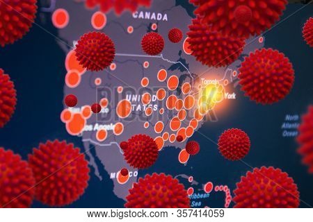 Outbreaks In In The United States Of America, Canada, Mexico. Map With Foci Of Infection Coronavirus