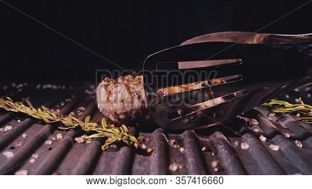 Delicious Juicy Meat Steak Cooking On Grill. Aged Prime Rare Roast Grilling Marble Beef. Electric Ro