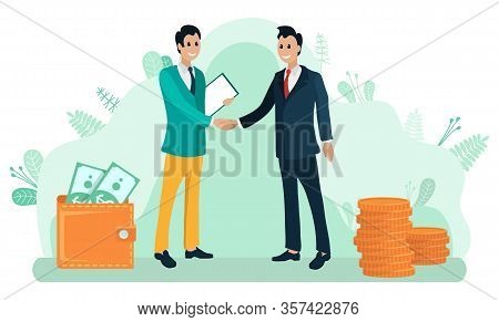 Businessmen Shacking Hands And Discussing A Deal And Business Issues. Work Collaboration, Workers Co