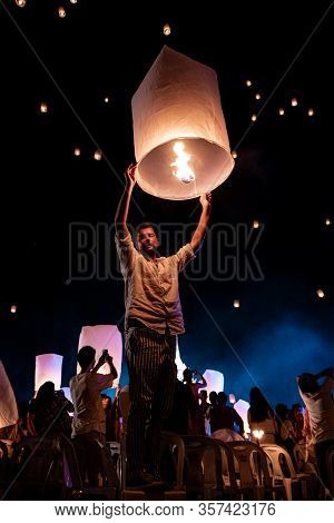 Chiang Mai Thailand November 2018, Tourist And Local People Release White Lantern In The Sky For The