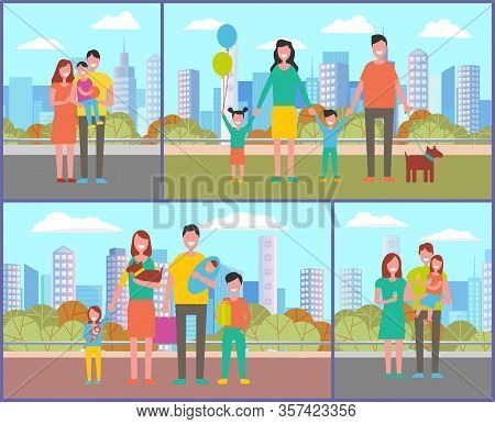 People In Park Walking And Relaxing Vector, Family Consisting Of Father Mother Kids And Pet Strollin
