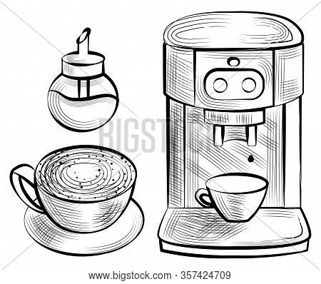 Coffee Machine, Cup Of Cappuccino, Sugar-bowl Objects On White. Sketch Of Automatic Maker Aroma Drin