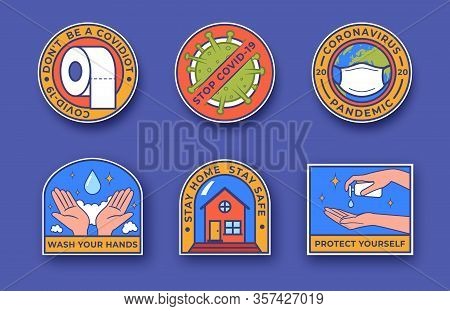 Coronavirus Outbreak Concept. Covid-19 Colourful Badges. Staying Home With Self Quarantine. Protect 