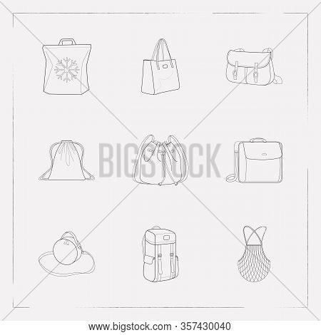 Set Of Bag Types Icons Line Style Symbols With Shopper Bag, Fishing Creel, Mesh Bag And Other Icons 