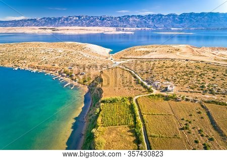 Vrsi Bay And Saint Lovre Church Ruin Aerial View, Stone Desert Of Zadar Archipelago Of Croatia