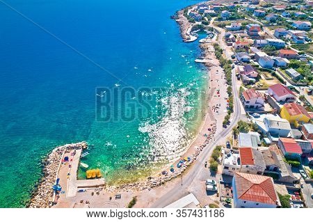 Razanac. Historic Town Of Razanac Beach And Waterfront Aerial View, Dalmatia Region Of Croatia