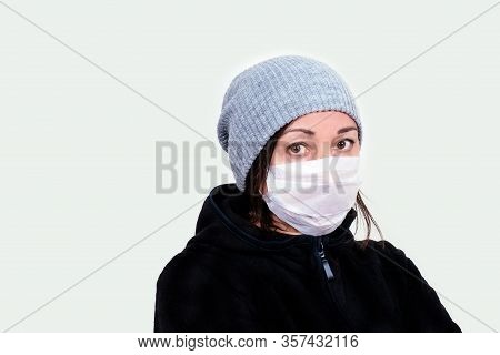Medical Mask Background White Middle Age 50 Plus Woman Coronavirus Covid 19 Jacket Hat