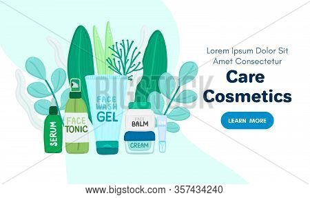 Organic Or Natural Cosmetics. Many Jars And Bottles With Cosmetic Names. Facial Skin Care. Online St