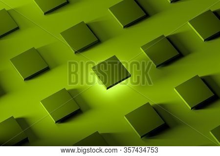 Blank Foursquare Light Green Showcases With Empty Space On Acid Bright Green Background. 3d Renderin