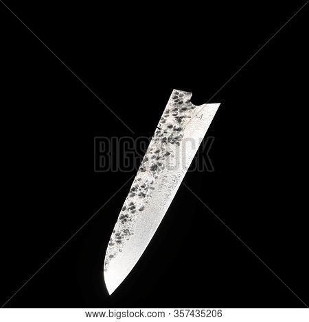 Japanese Kitchen Knife On Monochrome Dark Background With Clipping Path. Damascus Steel. 3d Renderin