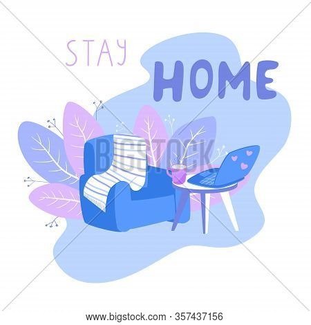 The Concept Of Quarantine And Self-isolation. Armchair, Plaid, Table With Laptop And  Mug, Backgroun