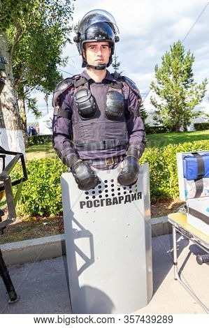 Samara, Russia - September 10, 2017: Special Forces Soldier Of Rosgvardia In Uniform With Shield And