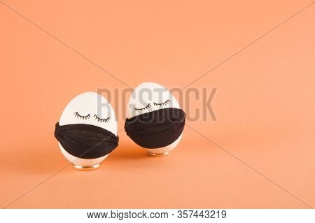 Easter Eggs With Corona Virus Covid19 Protection Concepts. Easter Eggs Wearing Mask For Easter Holid