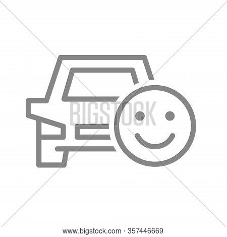Car With Happy Face Line Icon. Good Transportation Service, Positive Taxi Feedback Symbol