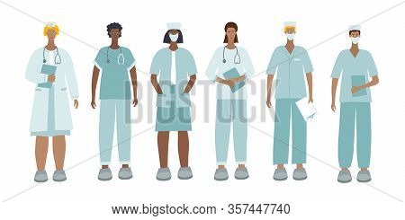 Medical Doctor Or Nurse Characters Bundle. Hospital Profession Concept Vector Illustration. Simple F