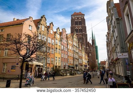 Gdansk, Poland, April 15, 2018: Tower Of Basilica Assumption Blessed Virgin Mary St Marys Church Cat
