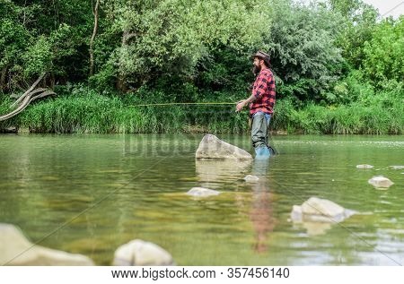Good Things Come To Those Who Bait. Fisherman With Fishing Rod. Bearded Fisher. Hobby And Sport Acti