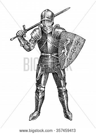 Medieval Armed Knight Riding A Horse. Historical Ancient Military Character. Prince With A Sword And