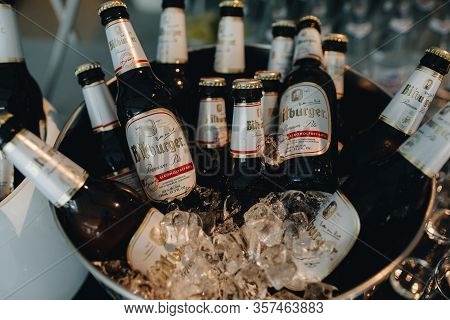Sochi, Russia - March 18, 2020: Bitburger Beer Bottles In A Bucket With Ice During A Catering Event.