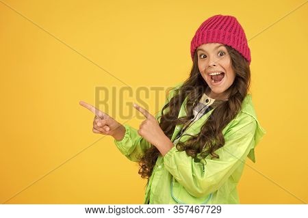 Choose Between Cutest And Trendiest. Girl Long Hair Yellow Background. Cold Season Concept. Winter F