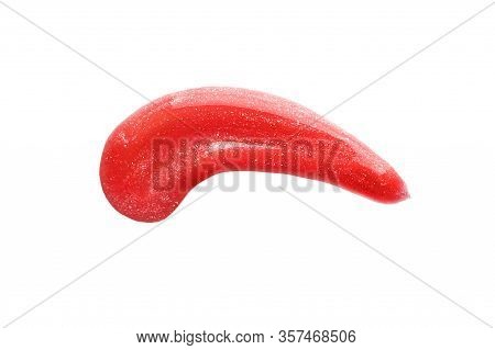 Bright Rouge Lip Gloss Smear. Liquid Texture Of Fashionable Bright Red Sample Of Lipstick Isolated O