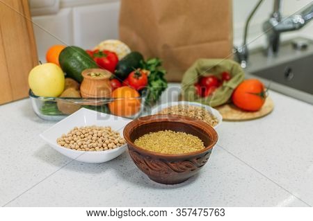 Whole Foods, Plant Based Diet Ingredients In Eco Friendly Zero Waste Packaging. Fresh Raw Food Seaso