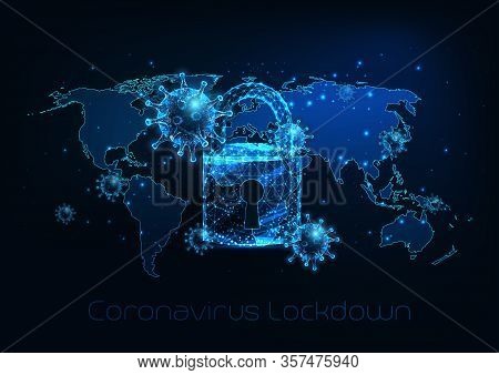 Futuristic Global Lockdown Due To Coronavirus Covid-19 Disease With Virus Cells, Padlock, World Map