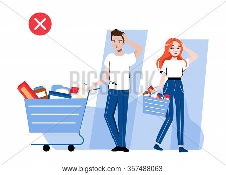 Concept Of Precautionary Measures For Avoidance Viruses Infection. Man And Woman Are Shopping In Sup