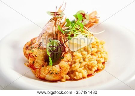 Risotto tom yam with argentinian shrimp. Delicious thai dish with seafood closeup view. Traditional asian meal with rice and aromatic greenery. Food composition on white plate. Restaurant delicacy