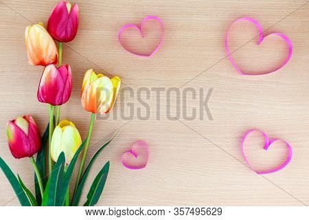 Spring Flower Of Multi Color Tulips On Wood Background ,flat Lay Image For Holiday Greeting Card For