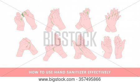 Clean And Disinfect Hands. How To Use Hand Sanitizer Illustration. Step By Step Hand Washing Educati