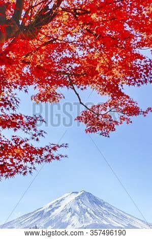 Asian Travel Destinations. Renowned  Attractive Fuji Mountain Near Kawaguchiko Lake In Japan With Li