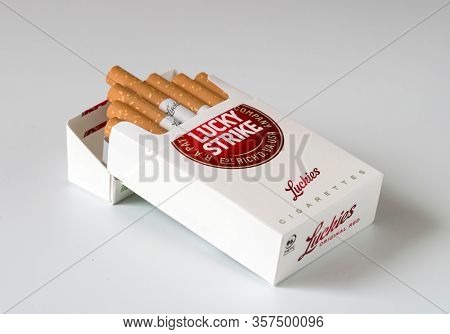MOSCOW, RUSSIA - MARCH 20, 2020: Lucky strike cigarette box on a light background. Editorial illustrative image