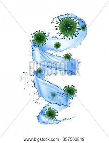 Flying water splash with models of Coronavirus molecules on a white background, copy space. Concept of disinfectant actions as prevention during pandemic of Coronavirus, Covid-19.