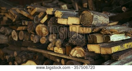 Firewood Closeup. Different Types Of Wood Harvested For Winter.