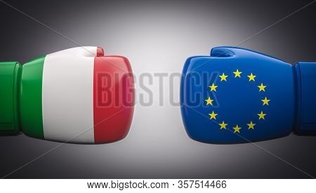 boxing gloves with flags of italy and europe. Conflict concept, exit from euro and europe. Italy exit. 3d render.