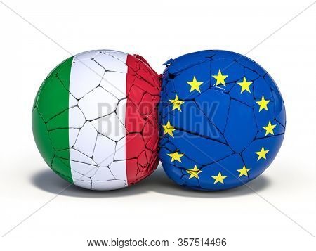 spheres with the flags of Italy and Europe that collide and break. concept of crisis within the european union. italexit. 3d render