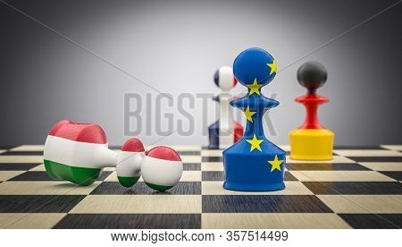 metaphorical image with pieces of a chessboard. France, Germany and the European Union determine the fall of Italy. political and economic crisis concept. 3d render