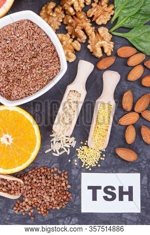 Inscription Tsh With Nutritious Products And Ingredients Containing Vitamins And Minerals For Health