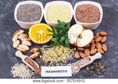 Inscription Hashimoto With Nutritious Natural Products And Ingredients Containing Vitamins For Healt
