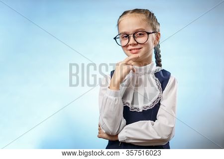 Cute Schoolgirl In Glasses Smile Implore Gesture